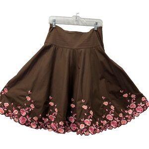 Miss Me Chocolate Brown Full Circle Skirt with Pink Floral Embroidery